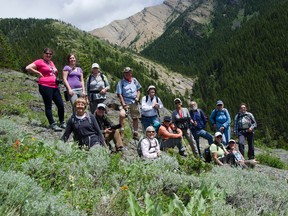 The intrepid hikers, lead by the Castle-Crown Wilderness Coalition's area steward Wendy Ryan, take a moment to pose for a photo On June 13, 2015. John Stoesser photos/Pincher Creek Echo.