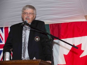 Kingston native Bob Elliott speaks during his induction to the Canadian Baseball Hall of Fame in St. Marys, Ont., on Saturday. (Derek Ruttan/Postmedia Network)