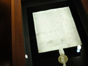 An original 1297 Magna Carta is displayed at the National Archives in Washington, March 18, 2015. (REUTERS/Jonathan Ernst)