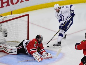 Chicago Blackhawks goalie Corey Crawford, left, makes a save off of Tampa Bay Lightning centre Steven Stamkos during the second period of game six of the 2015 Stanley Cup Final at United Center. (David Banks-USA TODAY Sports)