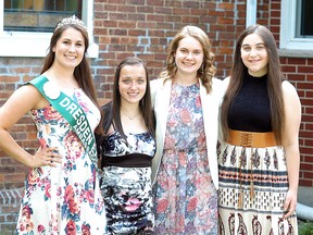 Three people are running for the Dresden Exhibition Ambassador title. Last year's Dresden Exhibition Ambassador Lindsay Martin, far left, poses with the three contestants, Megan Mortier, Taryn McBrayne and Haley De Turse. The three contestants were interviewed and gave speeches at a dinner held in Dresden on June 9.