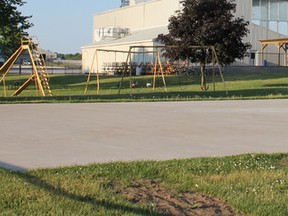 The cement slab was installed in 2002 with fundraising money from the Optimist Club and community volunteers. (Laura Broadley Clinton News Record)