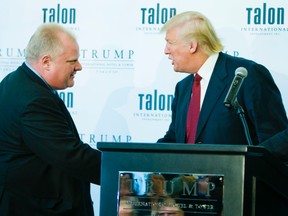 Donald Trump shakes hands with then-Toronto Mayor Rob Ford during the ribbon cutting ceremony of the Trump International Hotel and Tower in downtown Toronto on April 16, 2012. (Ernest Doroszuk/Toronto Sun)