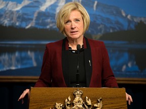 Premier Rachel Notley speaks to the media during a press conference prior to the Speech from the Throne at the Alberta Legislature, in Edmonton Alta. on Monday June 15, 2015. David Bloom/Edmonton Sun/Postmedia Network