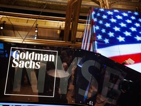 The Goldman Sachs logo is displayed on a post above the floor of the New York Stock Exchange, in this file photo from September 11, 2013. (REUTERS/Lucas Jackson/Files)