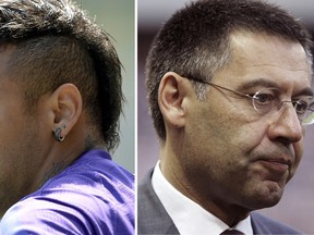 Barcelona forward Neymar da Silva Santos Junior and Barcelona's president Josep Maria Bartomeu. A Spanish court launched a fraud investigation against Neymar, a judicial source said on June 17, dragging the Brazilian star into a case in which the club's president faces trial. (AFP PHOTO/JOSEP LAGO/JEAN CHRISTOPHE MAGNENET)