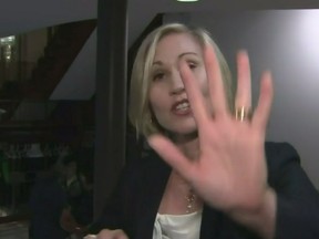 A screengrab from video of Jennifer Keesmat blocking a CP24 cameraman.