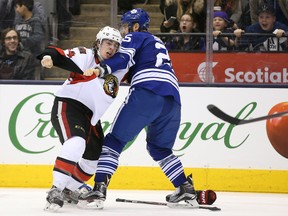 Ottawa Senators centre Jean-Gabriel Pageau (44) fights against Toronto Maple Leafs defenceman T.J. Brennan (25) at Air Canada Centre. Tom Szczerbowski-USA TODAY Sports Files