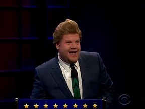 James Corden wears a Donald Trump-inspired wig on The Late Late Show with James Corden. (YouTube)