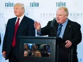 Then Toronto Mayor Rob Ford, right, speaks at Donald Trump's ribbon cutting ceremony of the Trump International Hotel and Tower in Toronto April 16, 2012.  (Ernest Doroszuk/Toronto Sun)