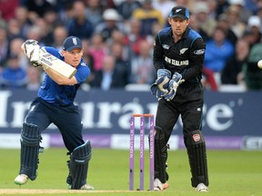 England captain Eoin Morgan bats against New Zealand at Trent Bridge on Wednesday. (Reuters)