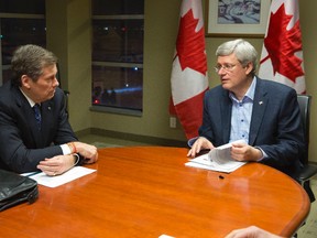 Prime Minister Stephen Harper and Toronto Mayor John Tory meet for the first time since Tory took office on Dec. 11, 2014. (Postmedia Network file photo)