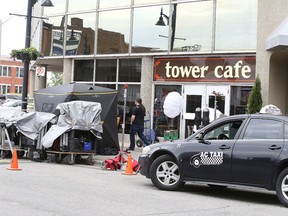 The sidewalk on Cedar street was busy with production equipment as filming of a TV movie Lead With Your Heart was taking place in Sudbury on Wednesday, June 17, 2015. Gino Donato/Sudbury Star/Postmedia Network