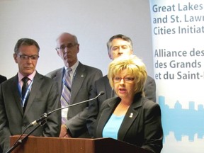 Deputy mayor of Quebec City, Michelle Morin-Doyle, speaks about the need for oil transportation regulations at the kick off to a three day conference in Sarnia. The conference will produce a list of resolutions backed by 110 mayors and municipal leaders asking governments and industries to curb harmful environmental practices. (CHRIS O’GORMAN, Sarnia Observer)