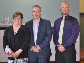 Jody Cameron (middle) chair of the coard for the Sudbury Catholic District School Board presented SCDSB Attendance Counsellor Kim Taylor-Horeck and Bishop Alexander CCSS teacher Jean-Gilles Larocque with this year's Chairperson Awards.