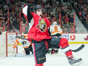 Ottawa Senators centre Jean-Gabriel Pageau celebrates after scoring a goal against Philadelphia Flyers goalie Ray Emery. Marc DesRosiers-USA TODAY Sports