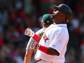 Pablo Sandoval #48 of the Boston Red Sox reacts in the eighth inning against the Oakland Athletics when he reached base at Fenway Park on June 7, 2015 in Boston, Massachusetts. (Jim Rogash/Getty Images/AFP)