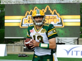 Mike Reilly warmed up before Saturday's game in Fort McMurray but didn't see any game action, something he hopes to remedy on Friday. (Dale MacMillan, Edmonton Sun)