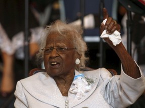 Jeralean Talley,  the world's oldest-known living person, addresses the congregation during a church service and her 116th birthday celebration in Inkster, Michigan in this May 24, 2015 file photo. Jeralean Talley, the world's oldest-known person, has died in Michigan 26 days after her 116th birthday, a family spokeswoman said on June 18, 2015.    REUTERS/Rebecca Cook/Files