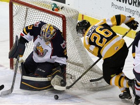 Kingston Frontenacs' Ted Nichol can't score on a wraparound on Barrie Colts goalie Mackenzie Blackwood during Ontario Hockey League action at the Rogers K-Rock Centre on Jan. 2, 2015. (Ian MacAlpine/The  Whig-Standard)