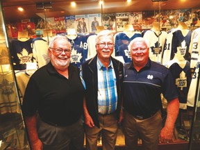 From left: Jiggs McDonald, Brian McFarlane and Joe Bowen at the home of Leafs superfan Mike Wilson earlier this week to regale fans with tales of the hockey club’s colourful past and other yarns.(Michael Peake/Toronto Sun)