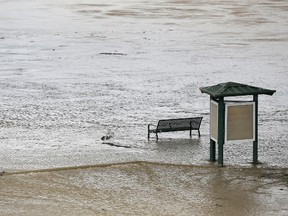 Water flows under a partially submerged park bench along a trail by Skyline Bridge Park on the Trinity river after heavy morning rains Wednesday, June 17, 2015, in Dallas.The tropical storm has caused little damage so far in Texas, but authorities warned Wednesday that as Tropical Depression Bill moves northeast, already swollen rivers could overflow their banks and cause more problems for water-weary residents.  (AP Photo/Tony Gutierrez)