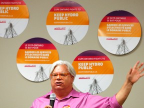 President Fred Hahn of Canadian Union of Public Employees (CUPE) Ontario addresses a crowd during a public meeting opposing sale of Hydro One in this file photo. Clifford Skarstedt/Examiner