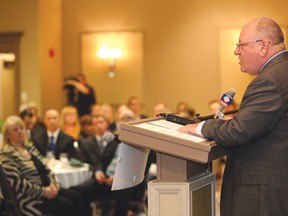 Greater Sudbury Mayor Brian Bigger gives his State of the City address at the Greater Sudbury Chamber of Commerce luncheon in Sudbury, Ont. on Thursday June 18, 2015. John Lappa/Sudbury Star/Postmedia Network