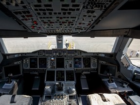 General view of the interior of the cockpit of Airbus A380-800 is pictured at Bangkok's Suvarnabhumi International Airport March 27, 2015. REUTERS/Athit Perawongmetha