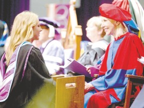 Sarah Clancy, left, a freshly minted faculty of education graduate at Western University, is congratulated by faculty dean Vicky Schwean during Western?s convocation ceremony in London on June 12. Western professor emeritus Colin Laine notes graduates may need to travel far afield to find full-time employment. (MIKE HENSEN, The London Free Press)