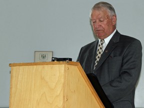 SAMANTHA REED/For The Intelligencer
Leo Finnegan speaks during the Prince Edward County Memorial Hospital Foundation’s 2015 public information meeting at the Picton Town Hall. The foundation is holding off on raising money for a new hospital until they get approval from the ministry.