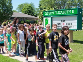 Students from Queen Elizabeth II walk around the block on Friday to commemorate slain teacher Noelle Paquette. Students at the school raised more than $1800 for her memorial charity, Noelle's Gift. (Chris O’Gorman, Sarnia Observer)