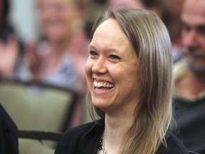 Cindy Klassen has a laugh during a press conference to announce her retirement from speed skating on Saturday, June 20, 2015. (Chris Procaylo/Winnipeg Sun/Postmedia Network)