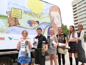 The annual Fast Flowing Water Contest winners were announced at Tom Davies Square in Sudbury, Ont. on Thursday June 18, 2015. The winners include Grade 4 winner Mika Blachette, of Cyril Varney Public School, Grade 5 winner Justin Lancup, of St. Dominique, Grade 6 winner Jacey-Lynn Batchilder, of Holy Cross, Grade 7 winner Sarah Kenny, of Lansdowne Public School, video contest winner Hope Tyson, of Marymount Academy, and Grade 8 winner and overall contest winner Kelly Mazerolle, of St. Anne, represented by her mom, Jeannette Boudreau. The contest was an initiative of the Junction Creek Safety Committee shortly after 13-year-old Adam Dickie drowned on August 25, 2007 in Junction Creek. John Lappa/Sudbury Star/Postmedia