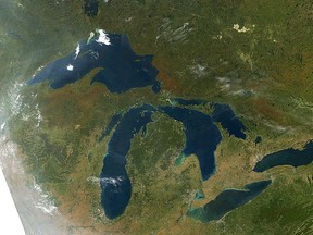 An undated  view from a NASA satellite shows how the Great Lakes look in the spring and summer months.