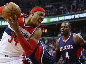 Paul Pierce #34 of the Washington Wizards looks for a shot against Paul Millsap #4 of the Atlanta Hawks during the first quarter at Verizon Center on May 15, 2015 in Washington, DC.   Maddie Meyer/Getty Images/AFP