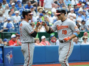 Baltimore Orioles first baseman Chris Davis (19) celebrates a home run with Baltimore Orioles J.J. Hardy (2) against Toronto Blue Jays in the fifth inning at Rogers Centre. Peter Llewellyn-USA TODAY Sports