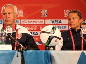 Team Norway head coach Even Pellerud and captain Trine Ronning speak at a press conference Sunday, June 21, 2015 ahead of Monday's round of 16 meeting with England at the 2015 FIFA Women's World Cup in Ottawa. (Chris Hofley/Ottawa Sun)