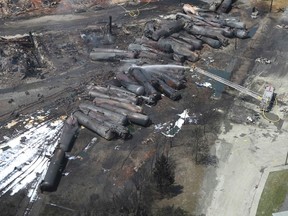 An aerial view of burnt train cars after a train derailment and explosion in Lac-Megantic, Quebec July 8, 2013 in this file picture provided by the Transportation Safety Board of Canada.  REUTERS/Transportation Safety Board of Canada/Files