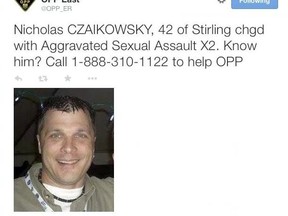 TWITTER IMAGE
A screen grab from the OPP East Region Twitter account is shown here. Police, at the time, were seeking information about Nicholas Czaikowsky. On Monday, June 22, 2015 he pleaded guilty to five counts of aggravated sexual assault in the Quinte Courthouse in Belleville.
