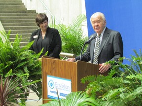 Tracy Simpson, manager of the Lambton College Foundation, looks on as foundation chairperson Andy Brandt speaks on Monday June 22, 2015 in Sarnia, Ont, as the college launches a $45-million capital fundraising campaign to pay for two new buildings and an equipment renewable program. Paul Morden/Sarnia Observer/Postmedia Network