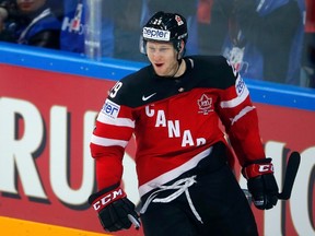 Canada's Nathan MacKinnon celebrates after scoring a goal against Russia during the final game of the 2015 world championship at the O2 arena in Prague, Czech Republic May 17, 2015. (REUTERS/Laszlo Balogh)