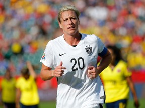 Abby Wambach #20 of the United States looks on while taking on Colombia in the FIFA Women's World Cup 2015 Round of 16 match at Commonwealth Stadium on June 22, 2015 in Edmonton, Canada.   Kevin C. Cox/Getty Images/AFP