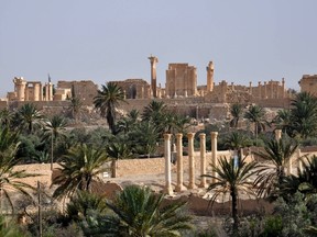 A file picture taken on May 18, 2015 shows the ancient Syrian city of Palmyra, a day after Islamic State (IS) group jihadists fired rockets into the city, killing several people. IS group militants have laid landmines and explosives at the site of the ancient ruins in Palmyra, a monitor said on June 21, 2015, adding the purpose of the move was unclear.  AFP PHOTO / STR