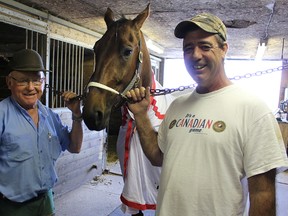 Jerry Pedden, left, stands with Dwayne May and May's horse, Eternal Ruler, at Clearwater Training Centre Tuesday. Pedden, 71, is the farrier on race days at Hiawatha Horse Park. (Tyler Kula, The Observer)