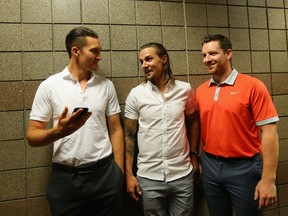 Mark Stone (from left), Erik Karlsson and Andrew Hammond of the Ottawa Senators attend the 2015 NHL Awards nominee media availability at MGM Grand Arena on June 23, 2015 in Las Vegas, Nevada.  Bruce Bennett/AFP