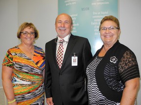 The Public General Hospital Society and St. Joseph's Health Services Association of the Chatham-Kent Health Alliance announced their merger on Tuesday. Shown are Brenda Richardson, alliance board chair, left, CKHA president and CEO Colin Patey, and Gail Rumble, St. Joseph's chair. (Trevor Terfloth, The Daily News)