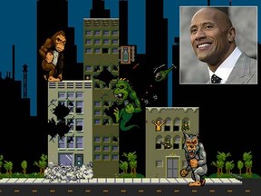 Dwayne "The Rock" Johnson (inset) has signed on to star in a movie adaptation of the popular 1980s video game "Rampage." (Screenshot/REUTERS/Mario Anzuoni)