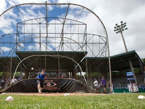 J.P. Molnar hits a ball as he takes part in the Jays Care Foundation?s Roberto Alomar and Friends Charity Home Run Challenge at Labatt Park on Tuesday. Nearly 40 batters took to the plate for the fundraiser. (CRAIG GLOVER, The London Free Press)