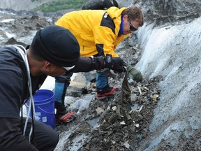 Alfonso Gacuson, left, and Dr. Greg Berg, members of a specialized recovery team with the Joint POW/MIA Accounting Command assess evidence at a historic aircraft crash site at Colony Glacier, Alaska in this June 26, 2013 handout photo released to Reuters on July 8, 2013. (REUTERS/U.S. Navy Mass Communications Specialist 3rd Class Clifford Bailey/Department of Defense/Handout via Reuters)